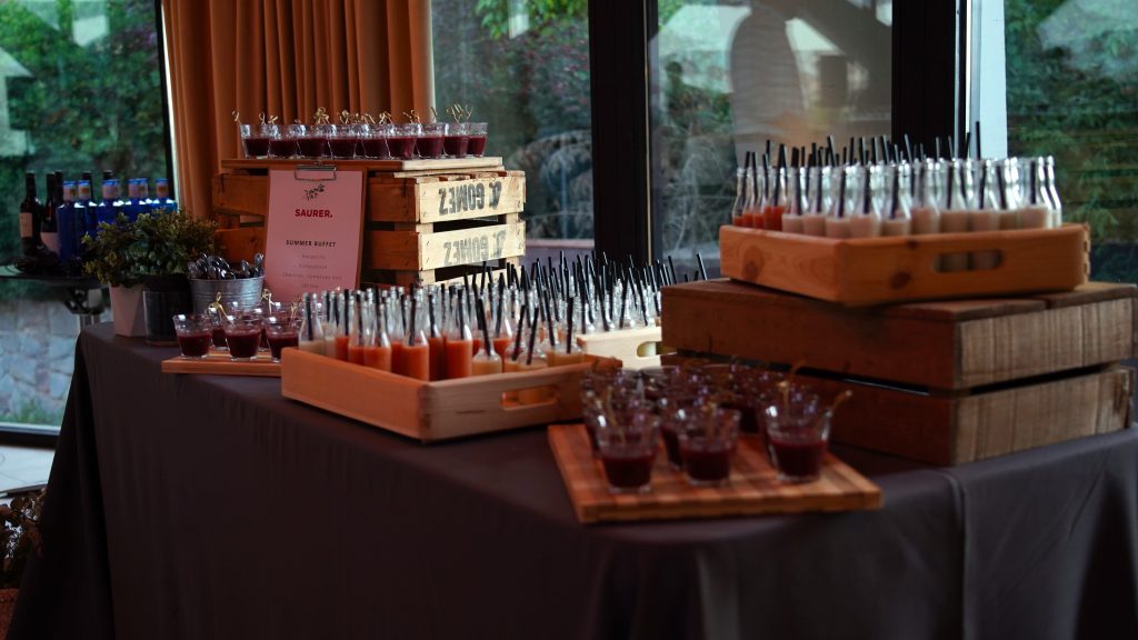 Catering station with finger food at a cocktail event in Barcelona