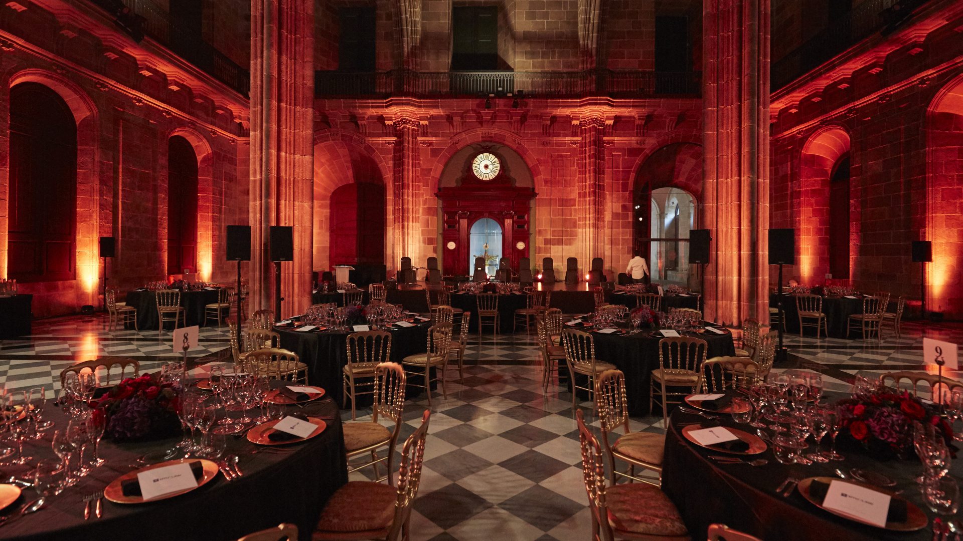 Gala dinner setup in a historical event venue in Barcelona